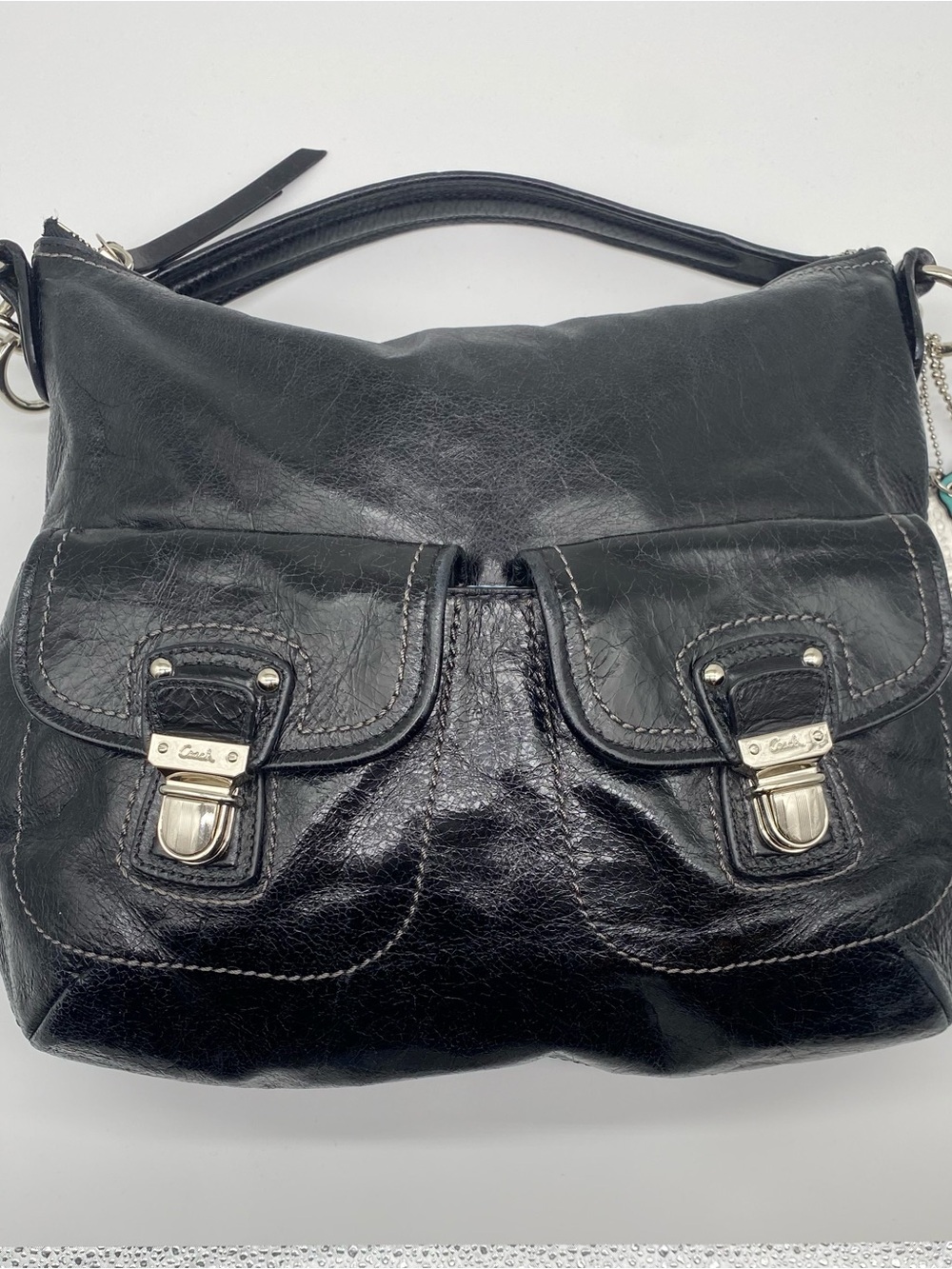 Coach Black Leather Shoulder Bag with Front Flap Pockets
